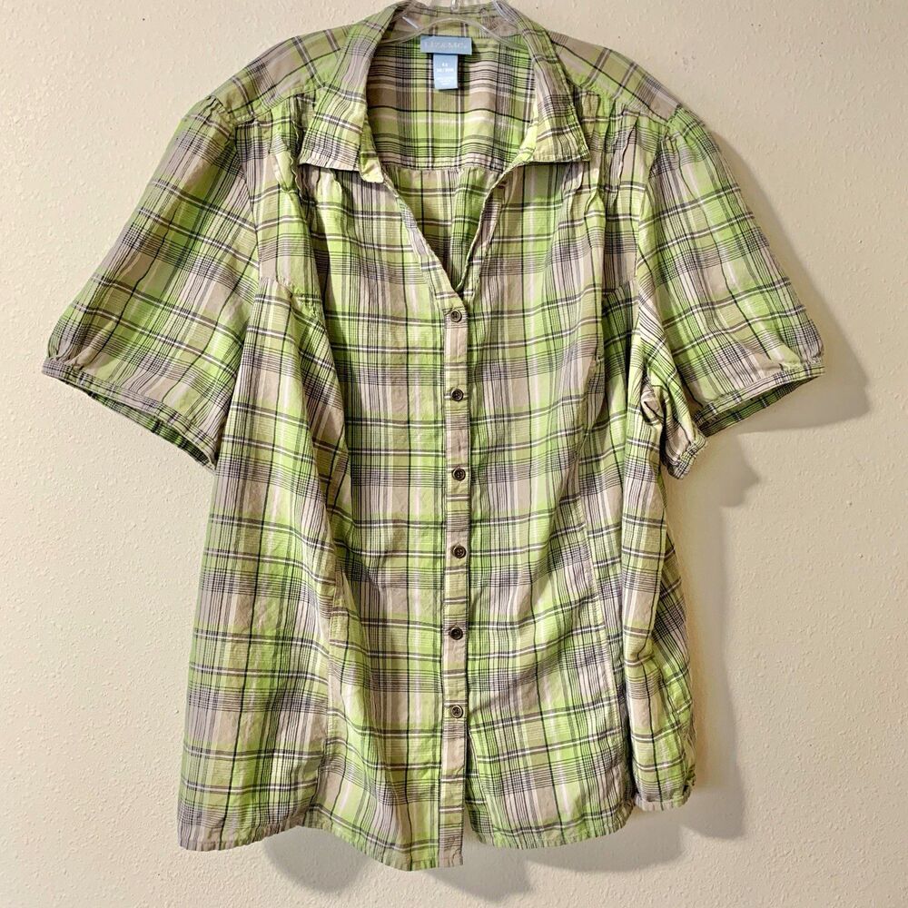 Liz & Me Women’s Green Beige Plaid Short Sleeve Blouse Button-Up Cotton Top 4X